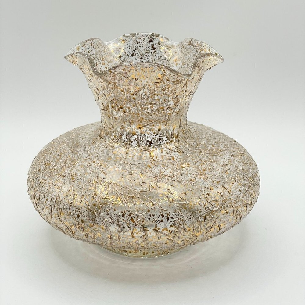 Vintage West Virginia Glass Gold Brocade Golden Jewel Spatter Flower Vase 5" H